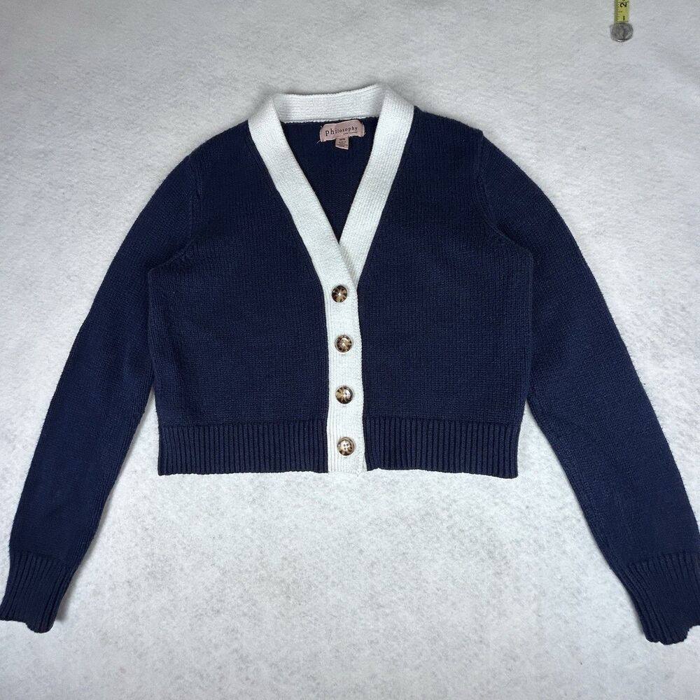 PHILOSOPHY V-neck Cropped Button-Up Navy & White Cardigan Sweater Womens Sz M